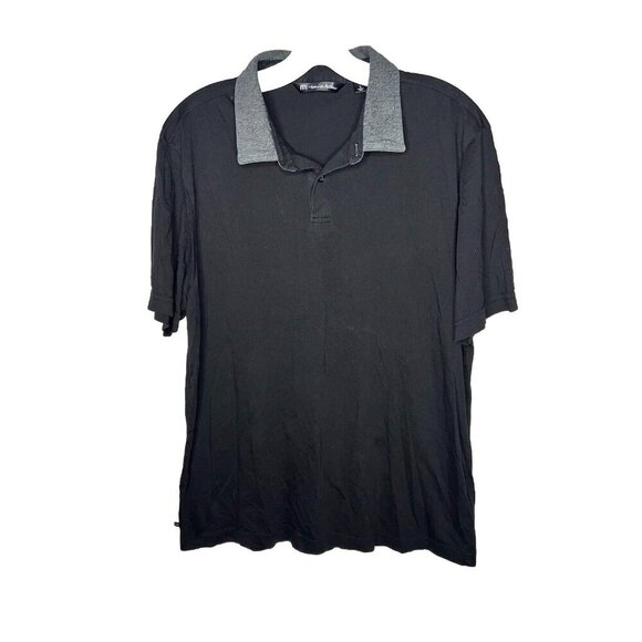 Travis Matthews Polo Golf Shirt Mens Large Black With Gray Collar Soft Casual Q - Picture 1 of 4